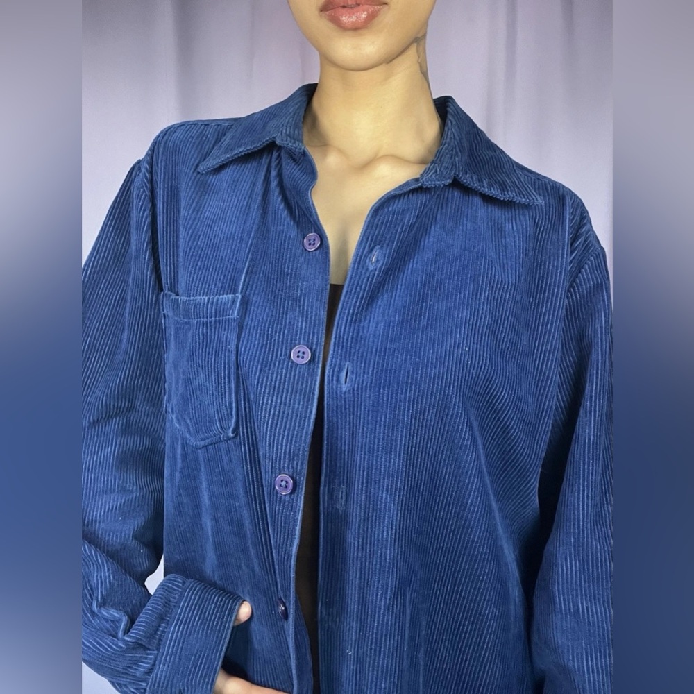 National Cobalt Blue Button Up Corduroy Long Sleeve Shirt Mens Size L Streetwear